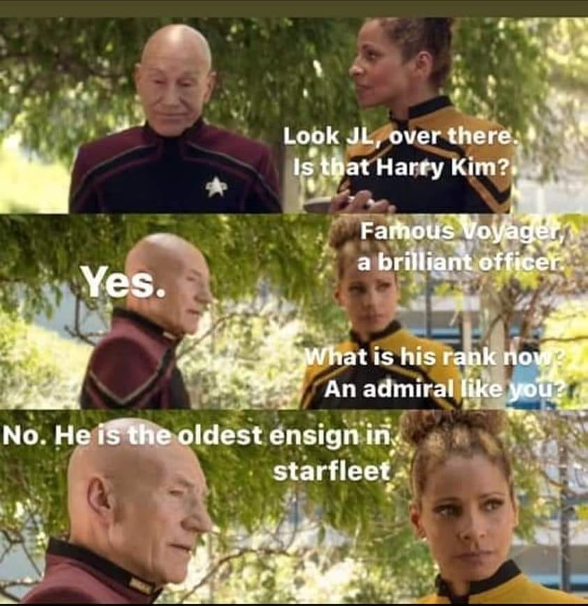 This meme is a play on a classic Star Trek: The Next Generation quote, where Captain Jean-Luc Picard is asked to identify a famous person, and he responds with "He's dead, Jim." In this meme, Captain Picard is asked to identify a famous person, and he responds with "He's a Starfleet officer, Jim." The punchline is a humorous twist on the original quote, replacing "He's dead, Jim" with a clever reference to a Star Trek character, making it a clever and humorous meme.